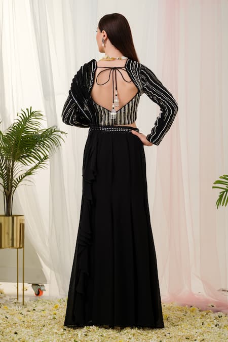 Shop_Tamaraa By Tahani_Black Georgette Beads, Illusion Pre-draped Saree With Hand Embroidered Blouse _at_Aza_Fashions