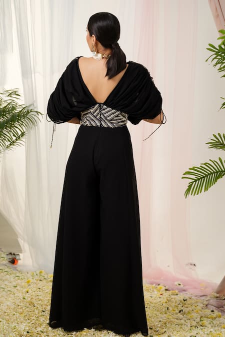 Shop_Tamaraa By Tahani_Black Georgette Beads, Sequins, Elysian Placement Hand Embroidered Jumpsuit _at_Aza_Fashions
