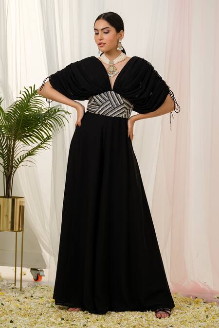 Tamaraa By Tahani_Black Georgette Beads, Sequins, Elysian Placement Hand Embroidered Jumpsuit _Online_at_Aza_Fashions