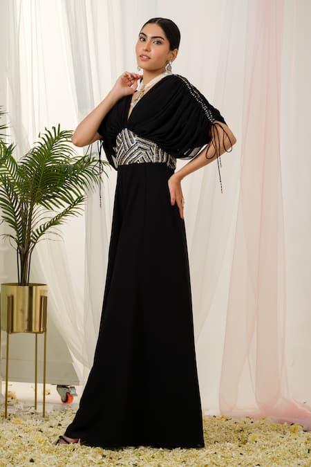 Buy_Tamaraa By Tahani_Black Georgette Beads, Sequins, Elysian Placement Hand Embroidered Jumpsuit _Online_at_Aza_Fashions