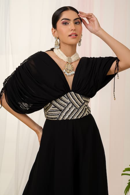 Shop_Tamaraa By Tahani_Black Georgette Beads, Sequins, Elysian Placement Hand Embroidered Jumpsuit _Online_at_Aza_Fashions