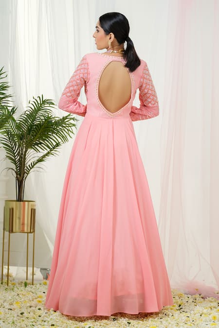 Shop_Tamaraa By Tahani_Pink Georgette, Organza Celestia Hand Embroidered Yoke Anarkali With Dupatta _at_Aza_Fashions