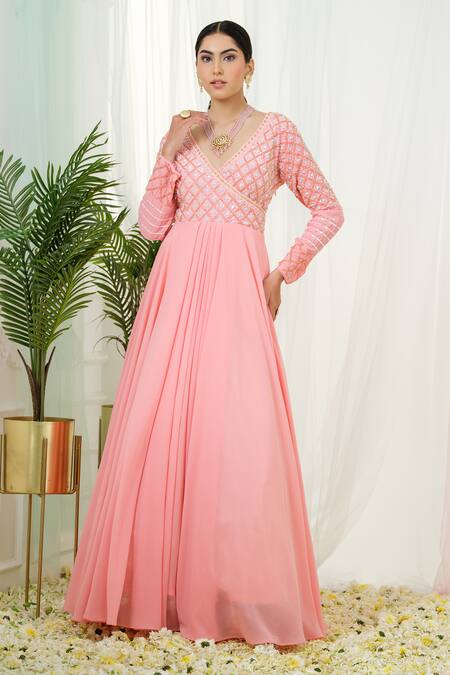 Tamaraa By Tahani_Pink Georgette, Organza Celestia Hand Embroidered Yoke Anarkali With Dupatta _Online_at_Aza_Fashions