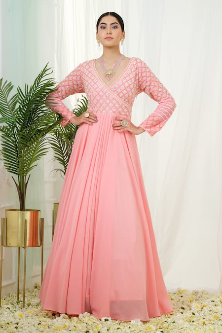 Buy_Tamaraa By Tahani_Pink Georgette, Organza Celestia Hand Embroidered Yoke Anarkali With Dupatta _Online_at_Aza_Fashions