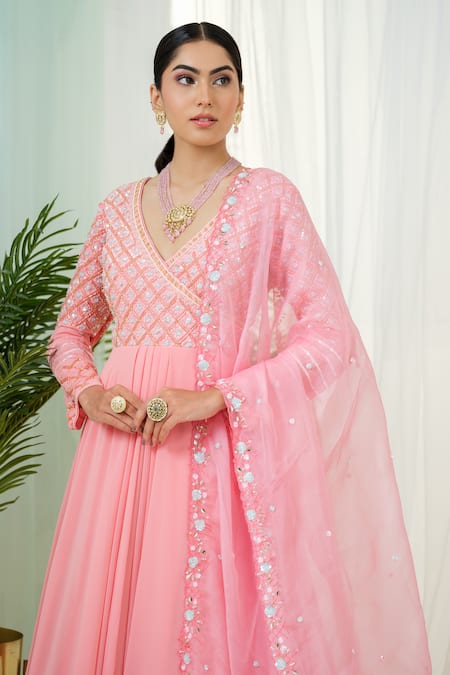 Shop_Tamaraa By Tahani_Pink Georgette, Organza Celestia Hand Embroidered Yoke Anarkali With Dupatta _Online_at_Aza_Fashions