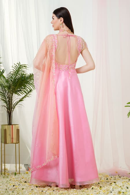 Tamaraa By Tahani Pink Organza, Taffeta Rosabella Hand Embroidered Yoke Anarkali With Dupatta Online at Aza Fashions Tamaraa By Tahani_Pink Organza, Taffeta Rosabella Hand Embroidered Yoke Anarkali With Dupatta _Online_at_Aza_Fashions