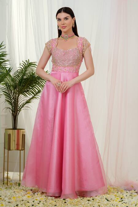 Buy Tamaraa By Tahani Pink Organza, Taffeta Rosabella Hand Embroidered Yoke Anarkali With Dupatta Online at Aza Fashions Buy_Tamaraa By Tahani_Pink Organza, Taffeta Rosabella Hand Embroidered Yoke Anarkali With Dupatta _Online_at_Aza_Fashions