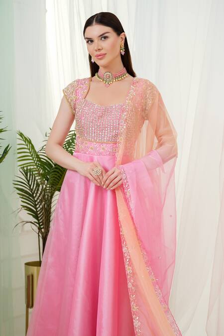 Shop Tamaraa By Tahani Pink Organza, Taffeta Rosabella Hand Embroidered Yoke Anarkali With Dupatta Online at Aza Fashions Shop_Tamaraa By Tahani_Pink Organza, Taffeta Rosabella Hand Embroidered Yoke Anarkali With Dupatta _Online_at_Aza_Fashions