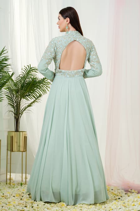 Shop_Tamaraa By Tahani_Green Georgette, Sorrel Floral Hand Embroidered Yoke Anarkali With Dupatta _at_Aza_Fashions