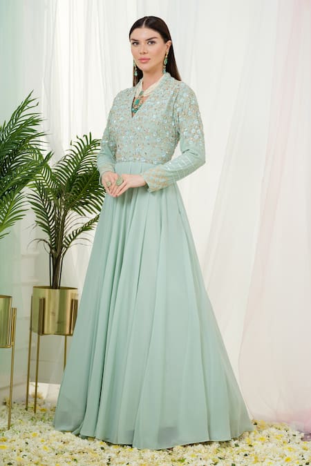 Tamaraa By Tahani_Green Georgette, Sorrel Floral Hand Embroidered Yoke Anarkali With Dupatta _Online_at_Aza_Fashions