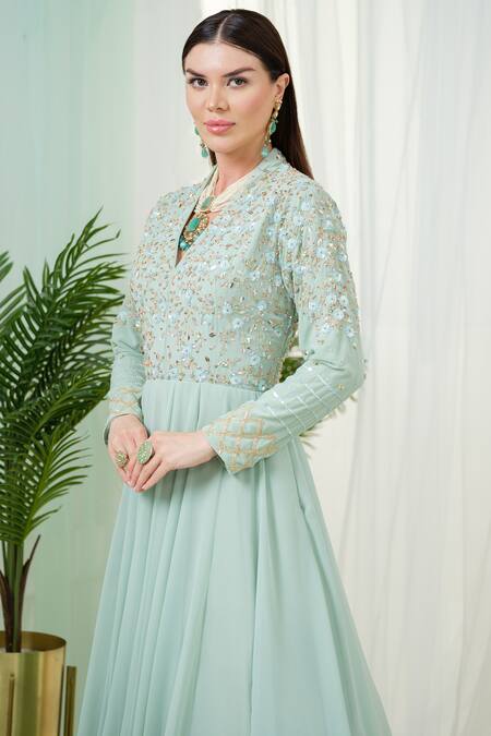 Buy_Tamaraa By Tahani_Green Georgette, Sorrel Floral Hand Embroidered Yoke Anarkali With Dupatta _Online_at_Aza_Fashions