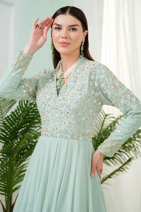 Shop_Tamaraa By Tahani_Green Georgette, Sorrel Floral Hand Embroidered Yoke Anarkali With Dupatta _Online_at_Aza_Fashions