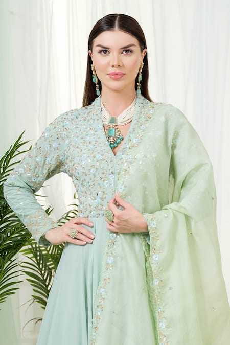 Tamaraa By Tahani_Green Georgette, Sorrel Floral Hand Embroidered Yoke Anarkali With Dupatta _at_Aza_Fashions