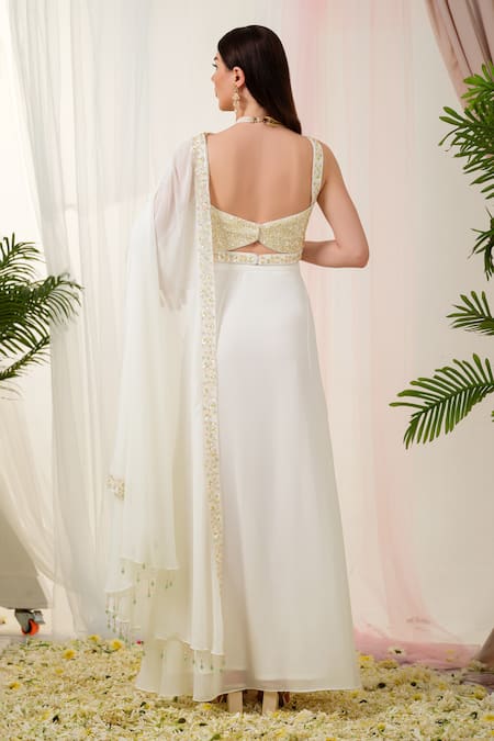 Shop_Tamaraa By Tahani_Off White Georgette, Tulle Sequins, Luminous Pre-draped Saree And Hand Blouse Set _at_Aza_Fashions