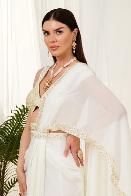 Tamaraa By Tahani_Off White Georgette, Tulle Sequins, Luminous Pre-draped Saree And Hand Blouse Set _Online_at_Aza_Fashions