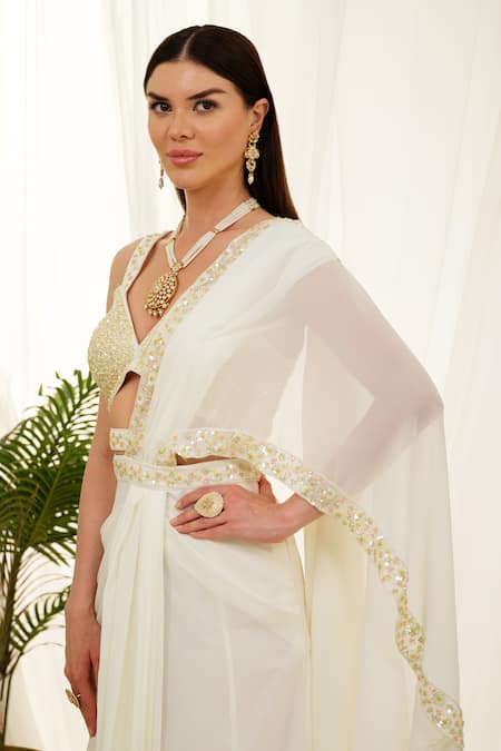 Shop_Tamaraa By Tahani_Off White Georgette, Tulle Sequins, Luminous Pre-draped Saree And Hand Blouse Set _Online_at_Aza_Fashions