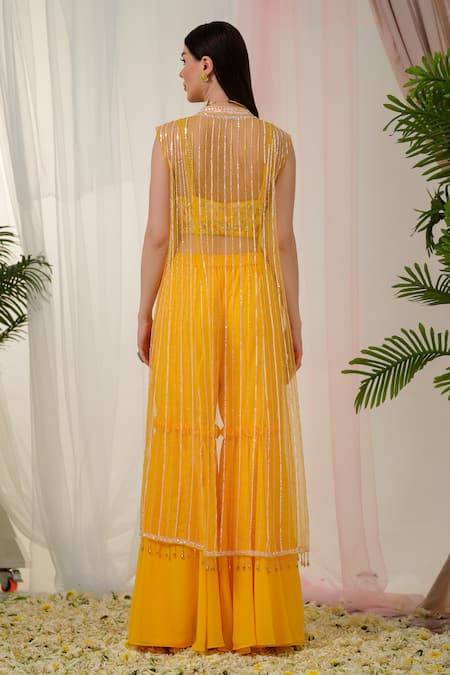 Shop_Tamaraa By Tahani_Yellow Georgette, Tulle Sequins, Crystals, Hand Embroidered Jacket And Sharara Set _at_Aza_Fashions