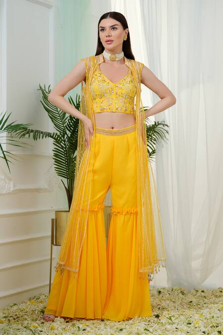 Tamaraa By Tahani_Yellow Georgette, Tulle Sequins, Crystals, Hand Embroidered Jacket And Sharara Set _Online_at_Aza_Fashions