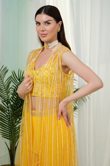 Shop_Tamaraa By Tahani_Yellow Georgette, Tulle Sequins, Crystals, Hand Embroidered Jacket And Sharara Set _Online_at_Aza_Fashions