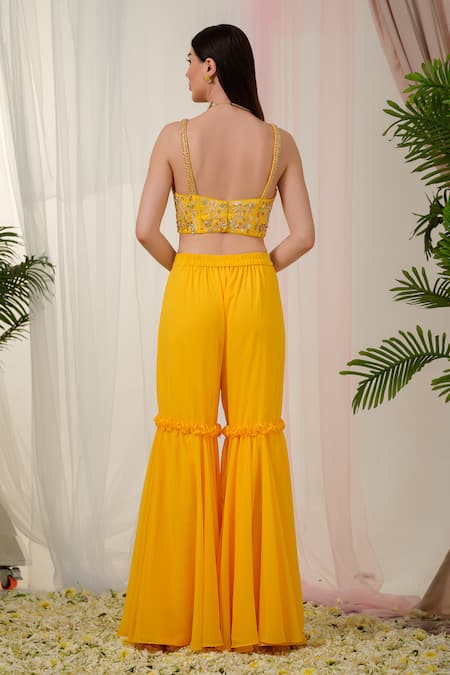 Tamaraa By Tahani_Yellow Georgette, Tulle Sequins, Crystals, Hand Embroidered Jacket And Sharara Set _at_Aza_Fashions