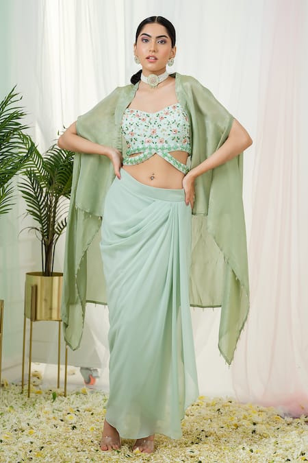 Tamaraa By Tahani Green Hand Embroidery Sequins Sweetheart Lila Floral Blouse And Dhoti Skirt Set