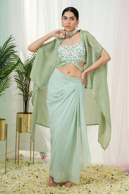 Tamaraa By Tahani_Green Georgette, Silk Sequins, Lila Floral Embroidered Blouse And Dhoti Skirt Set _Online_at_Aza_Fashions