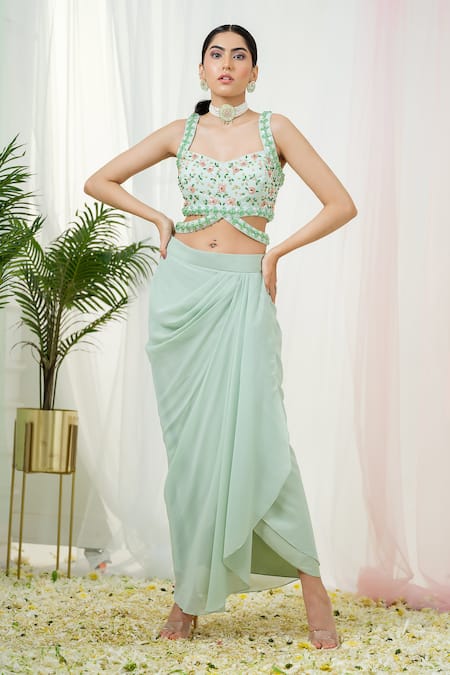 Tamaraa By Tahani_Green Georgette, Silk Sequins, Lila Floral Embroidered Blouse And Dhoti Skirt Set _at_Aza_Fashions