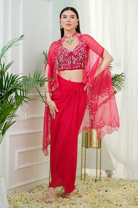 Tamaraa By Tahani Pink Hand Embroidery Sequins Blouse Elara Placement Cape And Dhoti Skirt Set