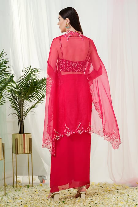 Shop_Tamaraa By Tahani_Pink Georgette, Organza Elara Placement Hand Embroidered Cape And Dhoti Skirt Set _at_Aza_Fashions