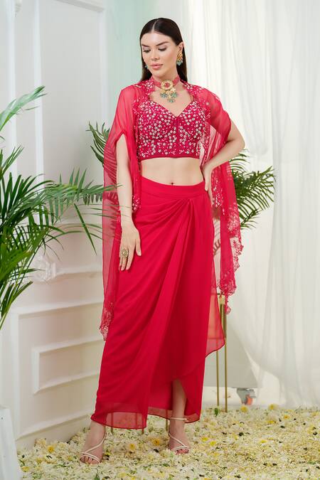 Tamaraa By Tahani_Pink Georgette, Organza Elara Placement Hand Embroidered Cape And Dhoti Skirt Set _Online_at_Aza_Fashions
