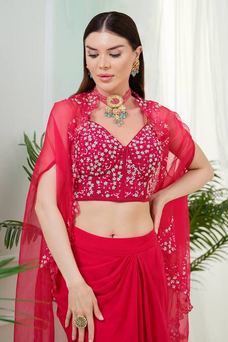 Buy_Tamaraa By Tahani_Pink Georgette, Organza Elara Placement Hand Embroidered Cape And Dhoti Skirt Set _Online_at_Aza_Fashions