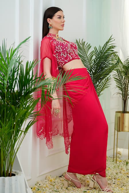 Shop_Tamaraa By Tahani_Pink Georgette, Organza Elara Placement Hand Embroidered Cape And Dhoti Skirt Set _Online_at_Aza_Fashions