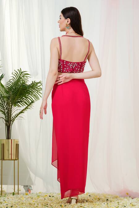 Tamaraa By Tahani_Pink Georgette, Organza Elara Placement Hand Embroidered Cape And Dhoti Skirt Set _at_Aza_Fashions