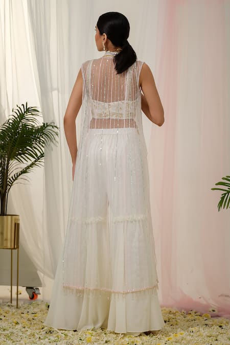 Tamaraa By Tahani_Off White Georgette, Tulle Sequins, Enigma Hand Embroidered Jacket And Sharara Set _at_Aza_Fashions