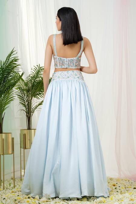 Tamaraa By Tahani_Blue Linen, Satin, Tulle Sequins, Fable Placement Hand Embroidered Lehenga Set _Online_at_Aza_Fashions