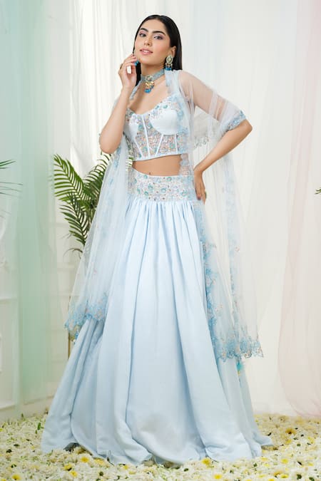 Buy_Tamaraa By Tahani_Blue Linen, Satin, Tulle Sequins, Fable Placement Hand Embroidered Lehenga Set _Online_at_Aza_Fashions