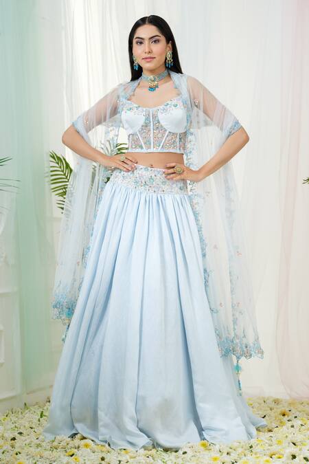 Shop_Tamaraa By Tahani_Blue Linen, Satin, Tulle Sequins, Fable Placement Hand Embroidered Lehenga Set _Online_at_Aza_Fashions