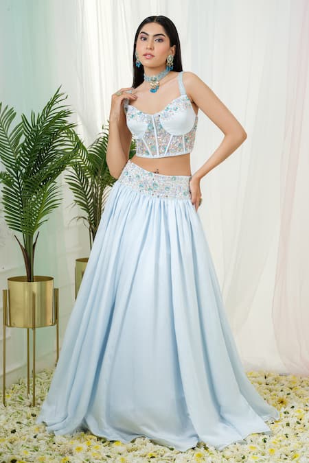 Tamaraa By Tahani_Blue Linen, Satin, Tulle Sequins, Fable Placement Hand Embroidered Lehenga Set _at_Aza_Fashions