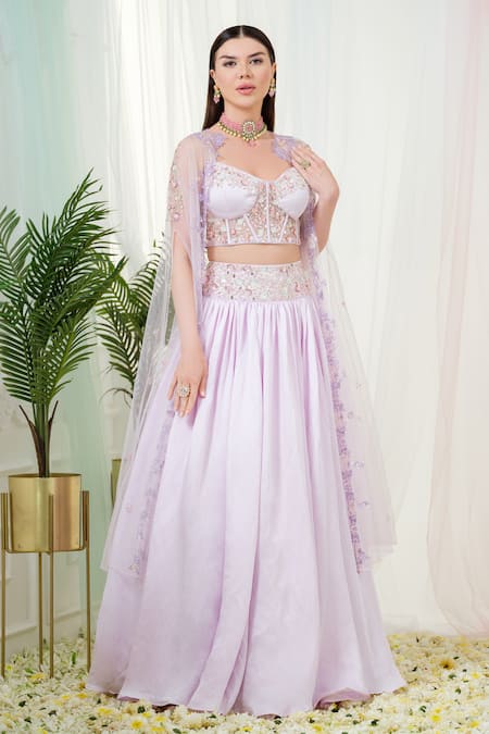 Tamaraa By Tahani Purple Hand Embroidery Sequins Sweetheart Neck Celestia Placement Lehenga Set 