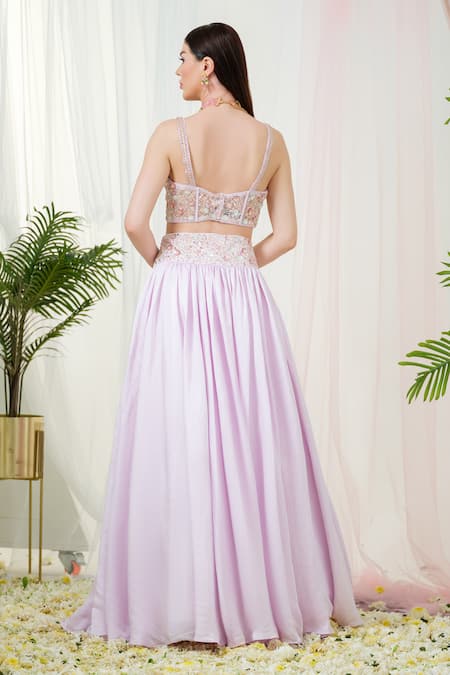 Tamaraa By Tahani_Purple Linen, Satin, Tulle Celestia Placement Hand Embroidered Lehenga Set _Online_at_Aza_Fashions