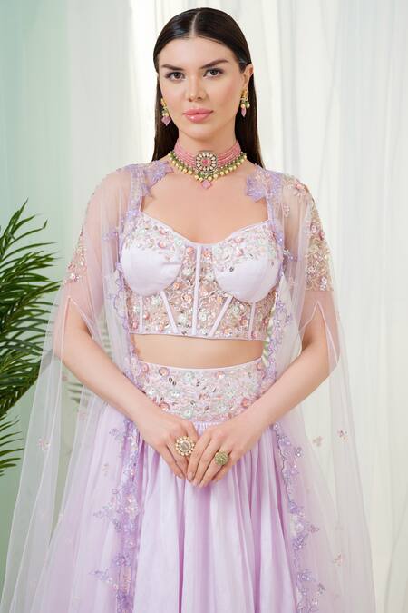 Buy_Tamaraa By Tahani_Purple Linen, Satin, Tulle Celestia Placement Hand Embroidered Lehenga Set _Online_at_Aza_Fashions