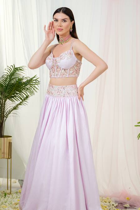 Tamaraa By Tahani_Purple Linen, Satin, Tulle Celestia Placement Hand Embroidered Lehenga Set _at_Aza_Fashions