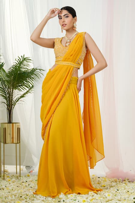 Tamaraa By Tahani Yellow Hand Embroidery Sequins V Neck Stardust Pre-draped Saree With Blouse