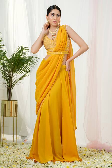 Buy_Tamaraa By Tahani_Yellow Georgette Sequins, Stardust Pre-draped Saree With Hand Embroidered Blouse _Online_at_Aza_Fashions