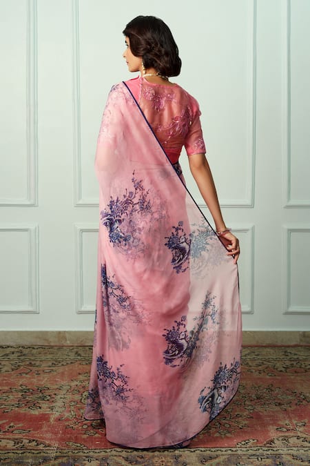 Shop Atelier Shikaarbagh Pink Chiffon, Organza Abhirupa Floral Print Saree With Unstitched Blouse Piece at Aza Fashions Shop_Atelier Shikaarbagh_Pink Chiffon, Organza Abhirupa Floral Print Saree With Unstitched Blouse Piece _at_Aza_Fashions