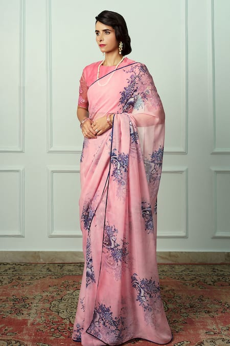 Atelier Shikaarbagh Pink Chiffon, Organza Abhirupa Floral Print Saree With Unstitched Blouse Piece Online at Aza Fashions Atelier Shikaarbagh_Pink Chiffon, Organza Abhirupa Floral Print Saree With Unstitched Blouse Piece _Online_at_Aza_Fashions