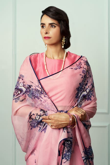 Shop Atelier Shikaarbagh Pink Chiffon, Organza Abhirupa Floral Print Saree With Unstitched Blouse Piece Online at Aza Fashions Shop_Atelier Shikaarbagh_Pink Chiffon, Organza Abhirupa Floral Print Saree With Unstitched Blouse Piece _Online_at_Aza_Fashions