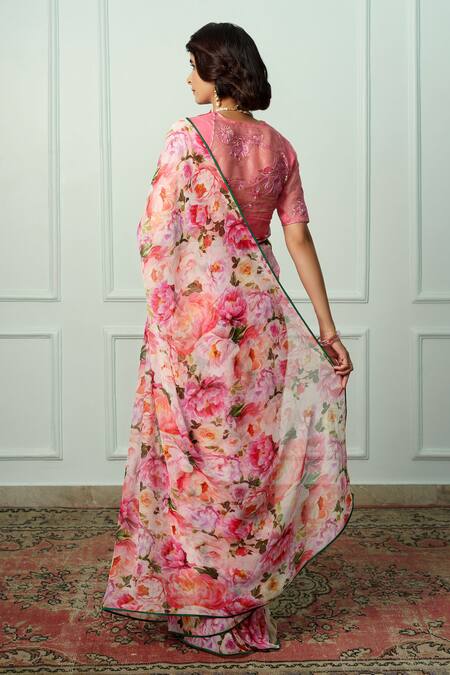 Shop Atelier Shikaarbagh Pink Chiffon, Organza Renuka Floral Pattern Saree With Unstitched Blouse Piece at Aza Fashions Shop_Atelier Shikaarbagh_Pink Chiffon, Organza Renuka Floral Pattern Saree With Unstitched Blouse Piece _at_Aza_Fashions
