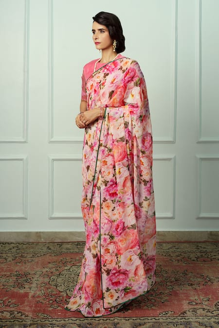 Atelier Shikaarbagh Pink Chiffon, Organza Renuka Floral Pattern Saree With Unstitched Blouse Piece Online at Aza Fashions Atelier Shikaarbagh_Pink Chiffon, Organza Renuka Floral Pattern Saree With Unstitched Blouse Piece _Online_at_Aza_Fashions