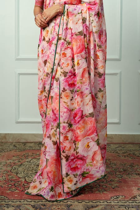 Buy Atelier Shikaarbagh Pink Chiffon, Organza Renuka Floral Pattern Saree With Unstitched Blouse Piece Online at Aza Fashions Buy_Atelier Shikaarbagh_Pink Chiffon, Organza Renuka Floral Pattern Saree With Unstitched Blouse Piece _Online_at_Aza_Fashions